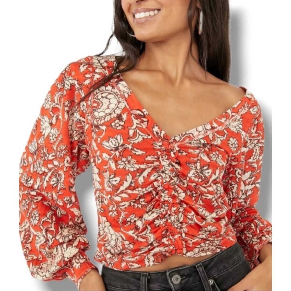 Free People Say The Word Orange Ruby Red Bohemian Peasant Floral Blouse Size Sma